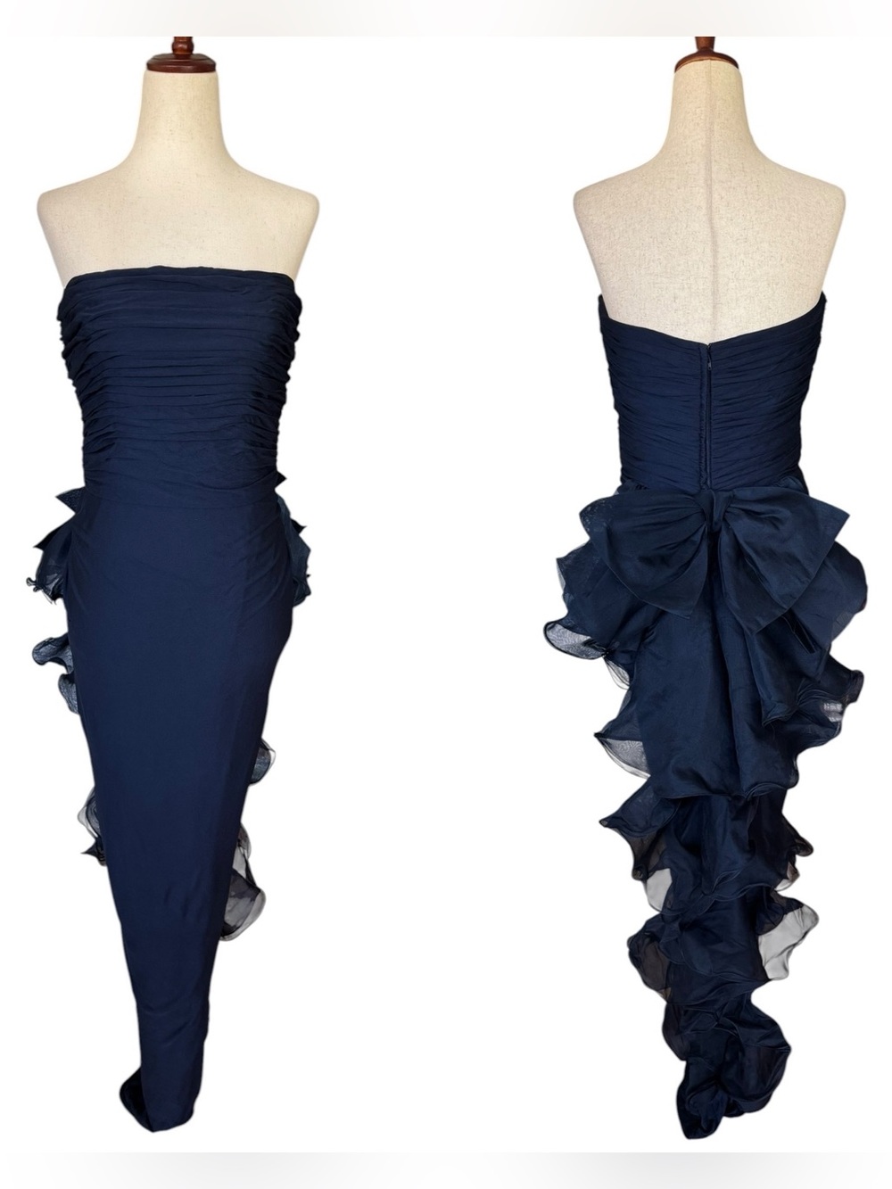 Vintage 70s 80s Jill Richards Strapless Navy Ruffle Bow Maxi Evening Dress Gown